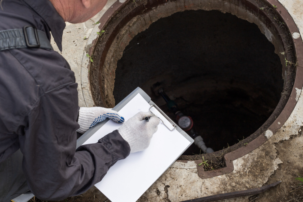 A person writing something on a clipboard as they look into a well.